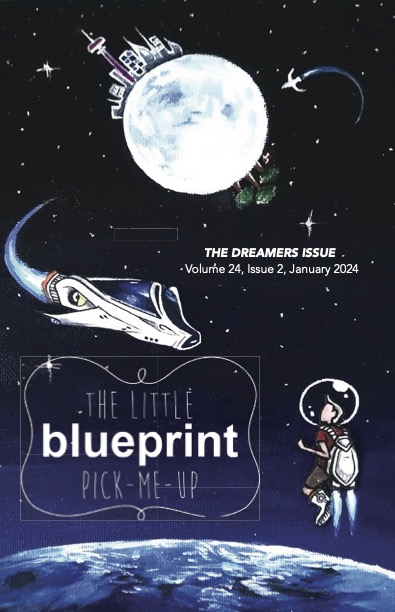 Cover of the Dreamers issue. Spaceships orbit the earth, upon which we can see trees and a cityscape. An astrunaut with a jetpack is floating in space observing the scene.